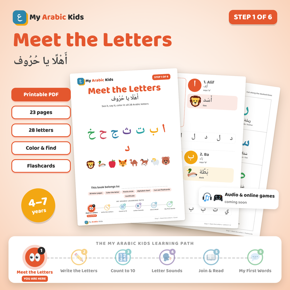 Meet the Letters – Arabic Made Fun printable Arabic workbook, Step 1 of 6