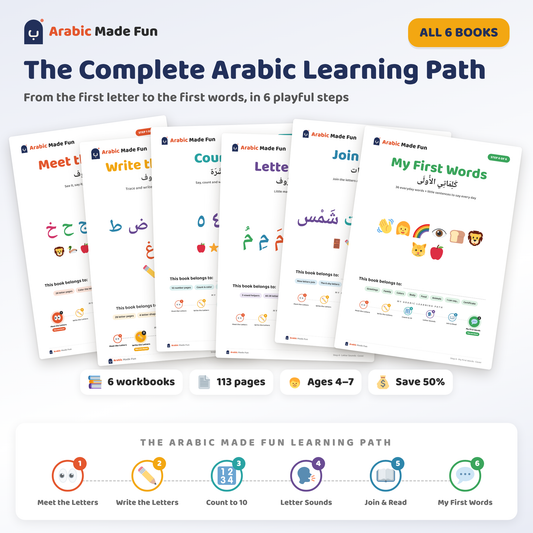 The Complete Arabic Learning Path for Kids – 6 Printable Workbooks (Ages 4–7)